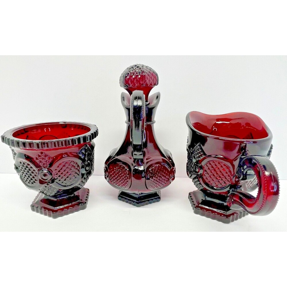 Vintage Avon 1876 Cape Cod Ruby Red Cruet w/ Stopper + Creamer & Sugar Set-EXCL